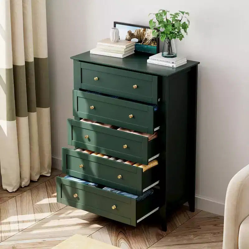 Commode haute en bois à 5 tiroirs, commode de chambre moderne avec tiroirs profonds et poignées métalliques pour chambre à coucher, entrée et couloir