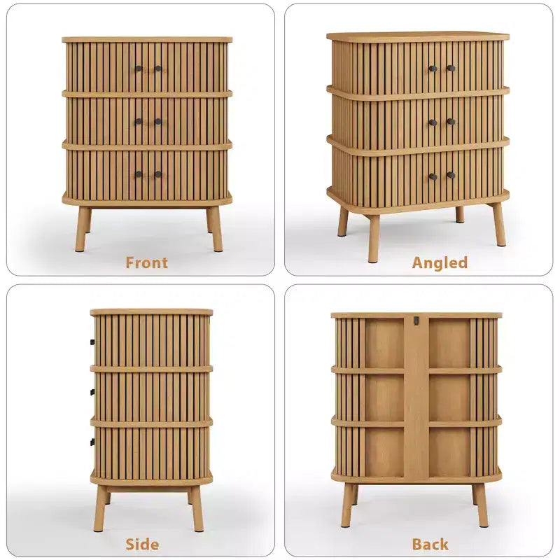 Commode, Cabinet Mid-Century Modern à 3 tiroirs avec porte coulissante en osier et pieds en bois, Chêne
