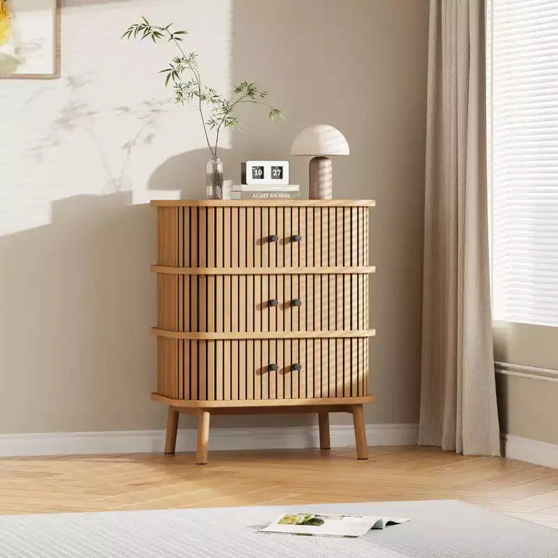 Commode, Cabinet Mid-Century Modern à 3 tiroirs avec porte coulissante en osier et pieds en bois, Chêne