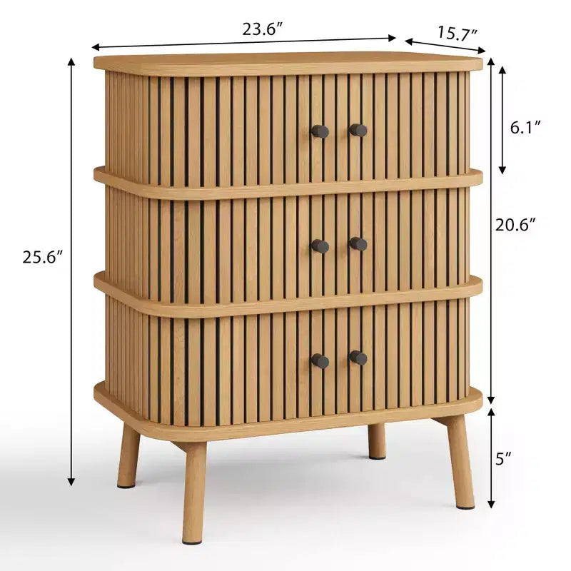 Commode, Cabinet Mid-Century Modern à 3 tiroirs avec porte coulissante en osier et pieds en bois, Chêne