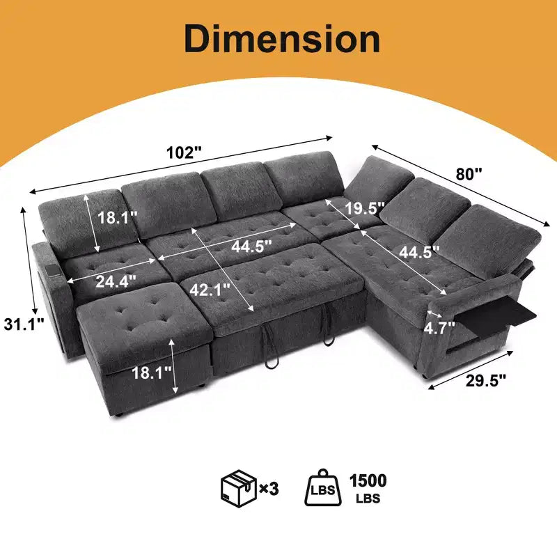Canapé inclinable 7 places Dyonery, canapé modulable, table d'appoint avec rangement dissimulé, rechargeable