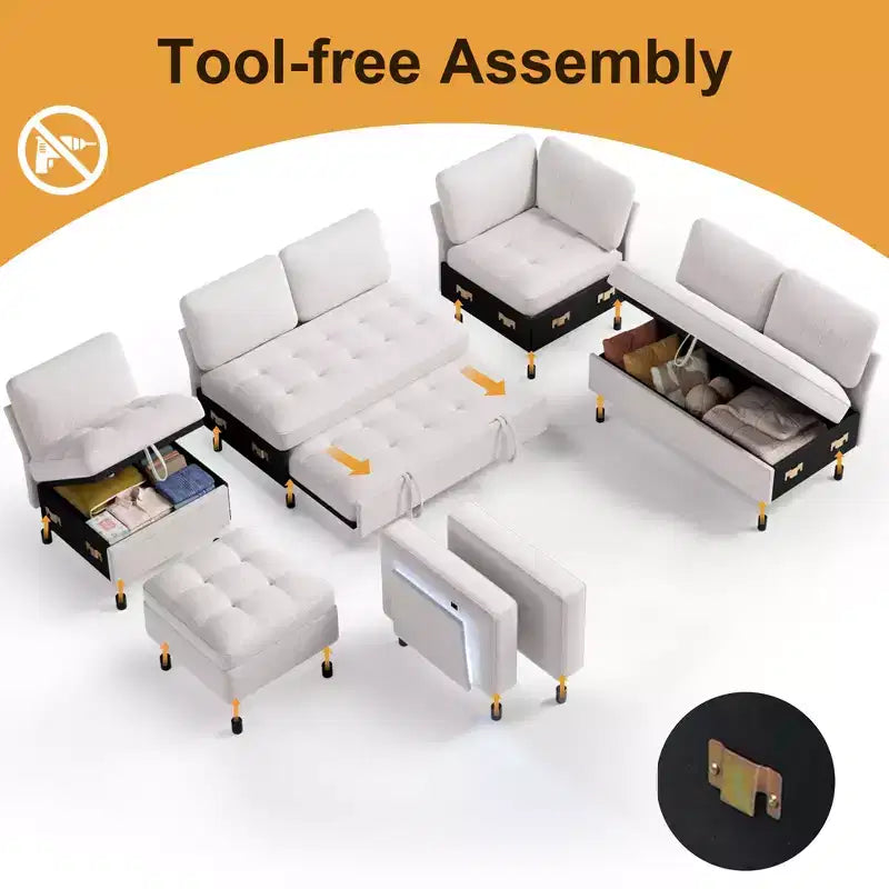 Canapé inclinable 7 places Dyonery, canapé modulable, table d'appoint avec rangement dissimulé, rechargeable