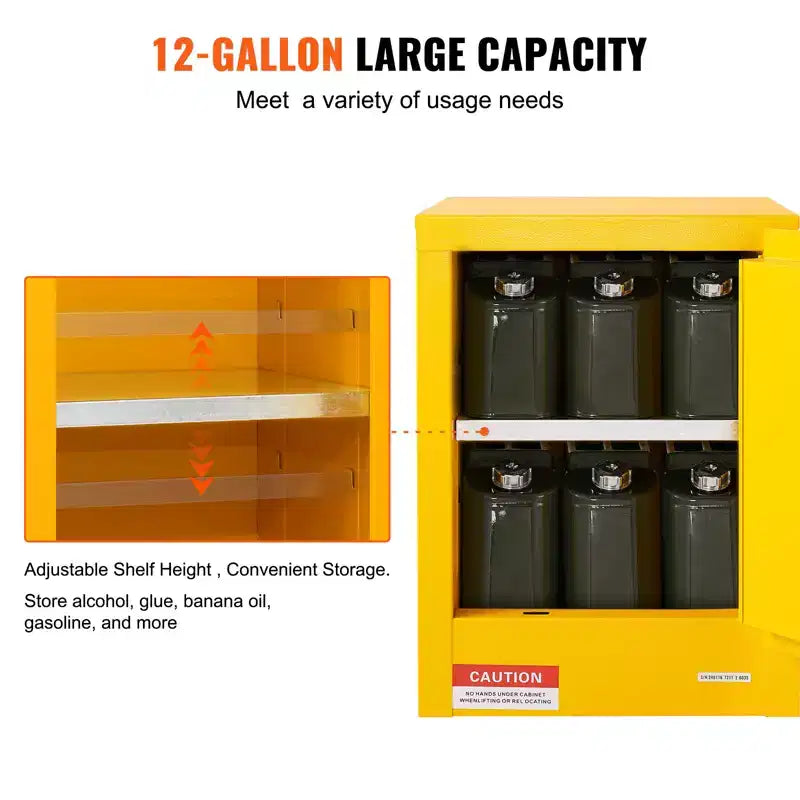 Armoire de sécurité pour produits inflammables VEVOR, 12 gallons, armoire de stockage de liquides inflammables en acier laminé à froid, 42,9 x 42,9 x 55,9 cm, antidéflagrante, jaune