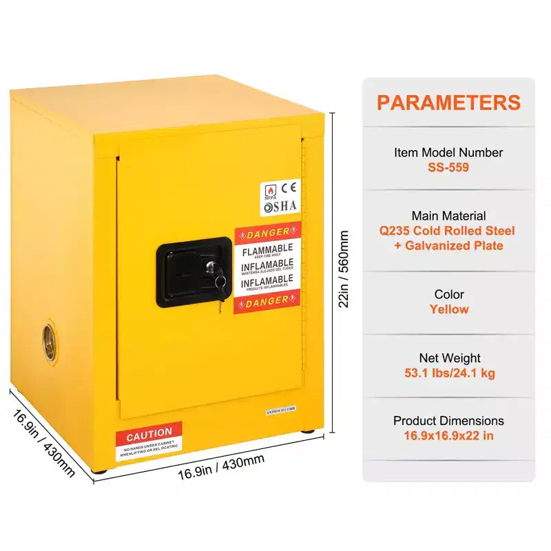 Armoire de sécurité pour produits inflammables VEVOR, 12 gallons, armoire de stockage de liquides inflammables en acier laminé à froid, 42,9 x 42,9 x 55,9 cm, antidéflagrante, jaune