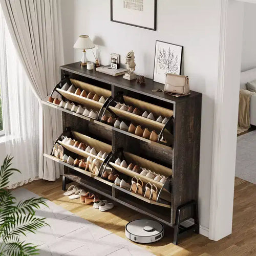 Meuble à chaussures étroit à 4 tiroirs basculants, rangement autoportant pour entrée avec étagères réglables et pieds en métal, organisateur fin pour couloir et salon