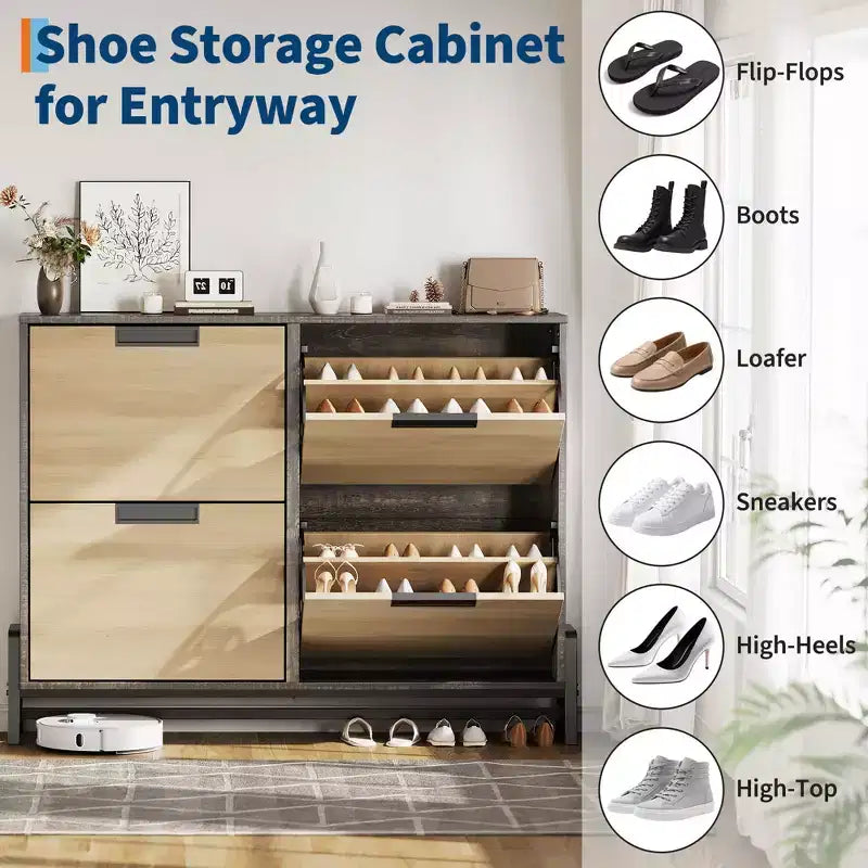 Meuble à chaussures étroit à 4 tiroirs basculants, rangement autoportant pour entrée avec étagères réglables et pieds en métal, organisateur fin pour couloir et salon