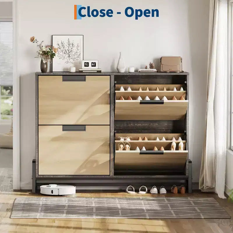 Meuble à chaussures étroit à 4 tiroirs basculants, rangement autoportant pour entrée avec étagères réglables et pieds en métal, organisateur fin pour couloir et salon