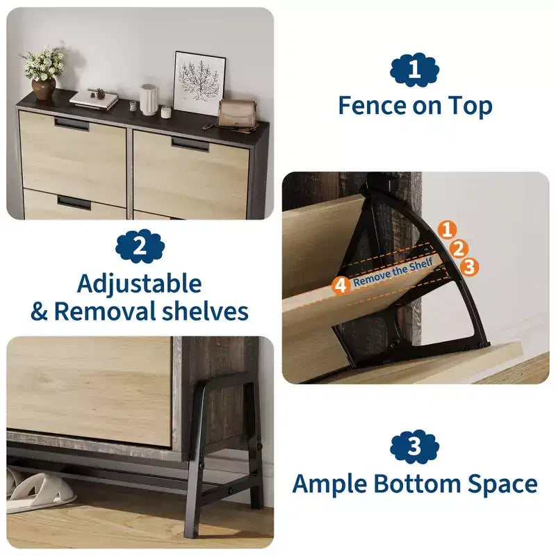 Meuble à chaussures étroit à 4 tiroirs basculants, rangement autoportant pour entrée avec étagères réglables et pieds en métal, organisateur fin pour couloir et salon