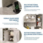 Meuble de rangement pour cuisine avec buffet, dessus blanc et noyer clair, portes doubles en acrylique, organisateur de garde-manger pour salle à manger et rangement de cuisine