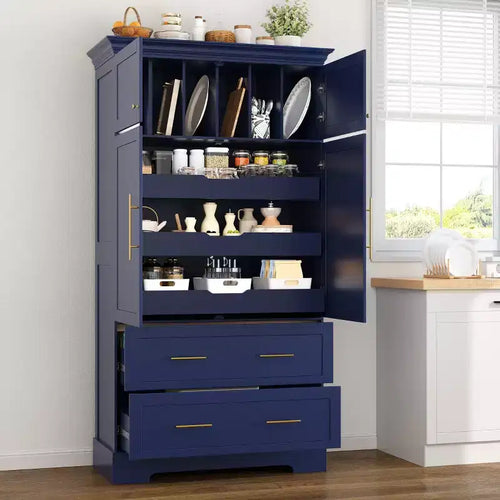 72 Farmhouse Kitchen Pantry Cabinet, Freestanding Dining Storage Cabinet with Drawers, Pull-Out Trays, and Cake Pan Storage-Panipeachy
