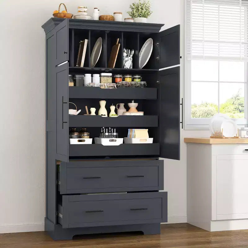 Meuble de rangement pour cuisine de ferme de 72 po, armoire de rangement de salle à manger autoportante avec tiroirs, plateaux coulissants et rangement pour moule à gâteau-Panipeachy