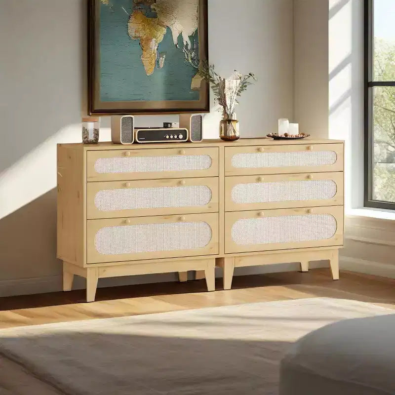 Rattan 3 Different Drawer Dresser 2pcs, Natural Closet Dresser with Wooden, Handles and Wooden Legs, Equipped with Anti-Tip Kits, Natural Oak