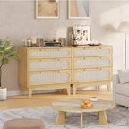 Commode en rotin à 3 tiroirs, 2 pièces, commode de placard naturelle avec poignées et pieds en bois, équipée de kits anti-basculement, chêne naturel