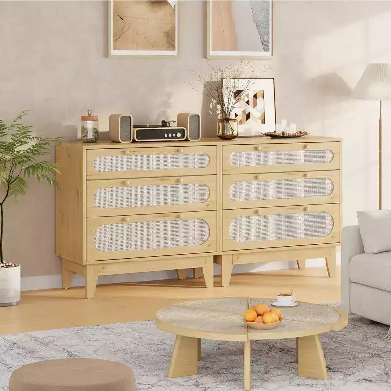 Commode en rotin à 3 tiroirs, 2 pièces, commode de placard naturelle avec poignées et pieds en bois, équipée de kits anti-basculement, chêne naturel