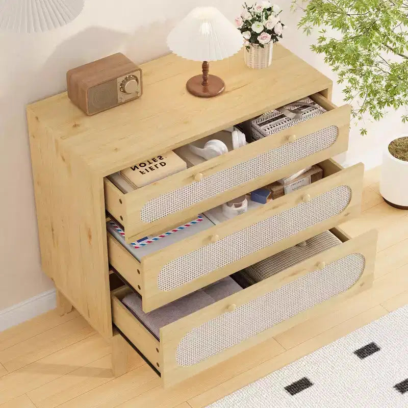 Commode en rotin à 3 tiroirs, 2 pièces, commode de placard naturelle avec poignées et pieds en bois, équipée de kits anti-basculement, chêne naturel