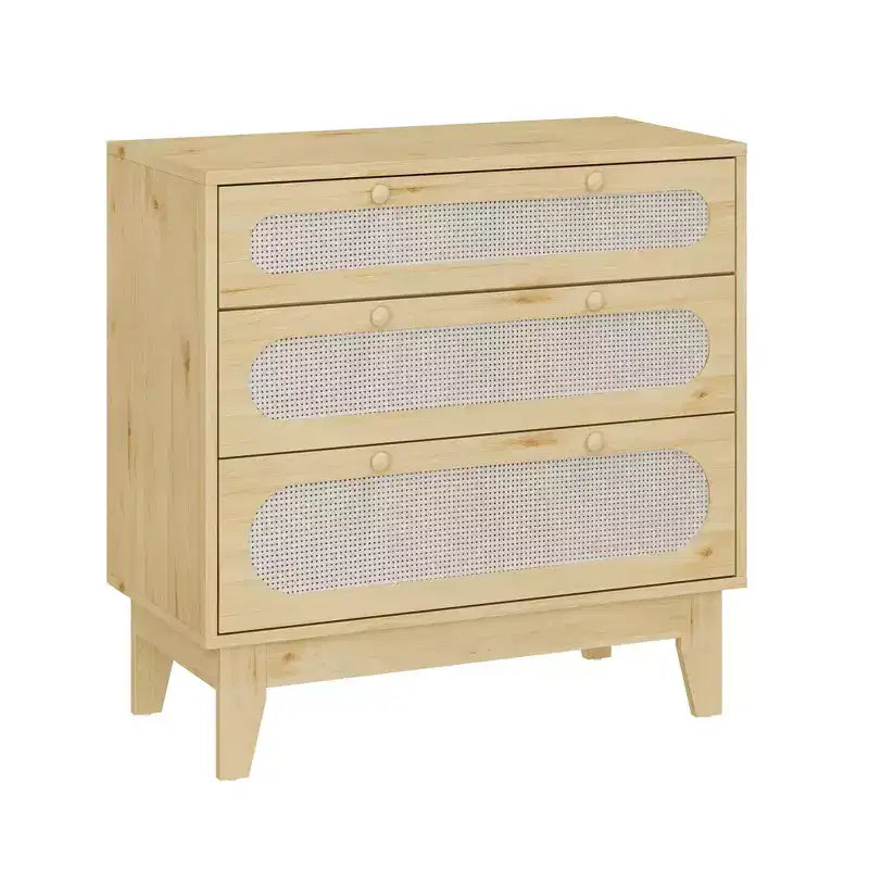 Commode en rotin à 3 tiroirs, 2 pièces, commode de placard naturelle avec poignées et pieds en bois, équipée de kits anti-basculement, chêne naturel