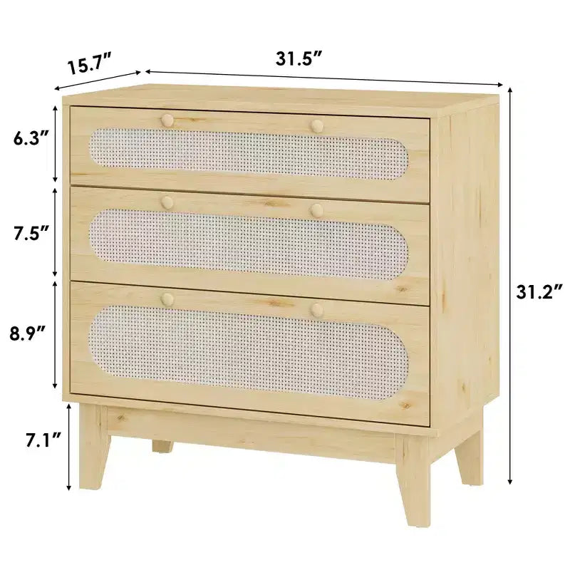 Commode en rotin à 3 tiroirs, 2 pièces, commode de placard naturelle avec poignées et pieds en bois, équipée de kits anti-basculement, chêne naturel