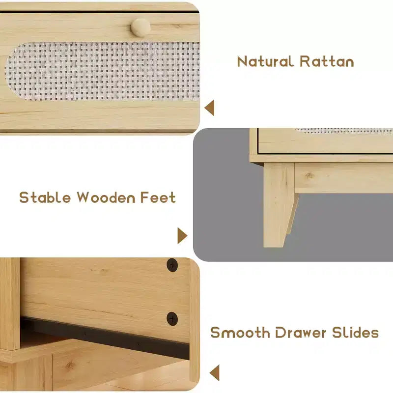 Commode en rotin à 3 tiroirs, 2 pièces, commode de placard naturelle avec poignées et pieds en bois, équipée de kits anti-basculement, chêne naturel