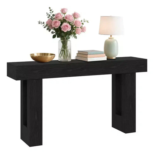 63-inch farmhouse-style entryway table with open shelving. Suitable for hallways, living rooms, foyer, or behind sofas.