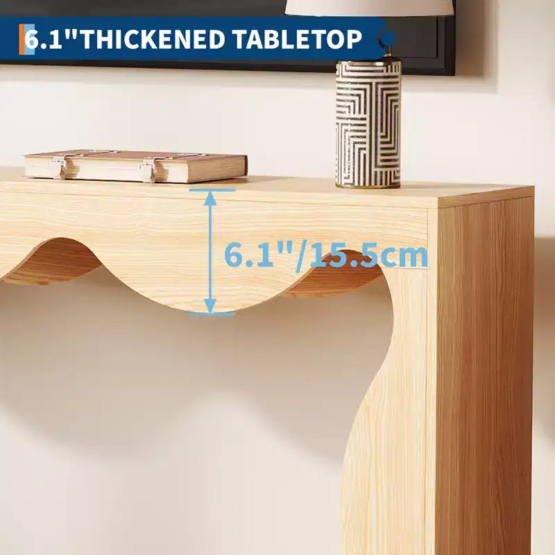 Console rustique à bords arrondis, 160 cm, avec étagères de rangement, peu encombrante, idéale pour l'entrée, le salon ou le couloir