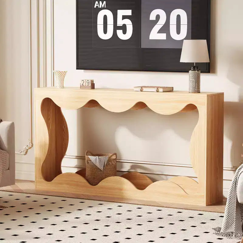 Console rustique à bords arrondis, 160 cm, avec étagères de rangement, peu encombrante, idéale pour l'entrée, le salon ou le couloir