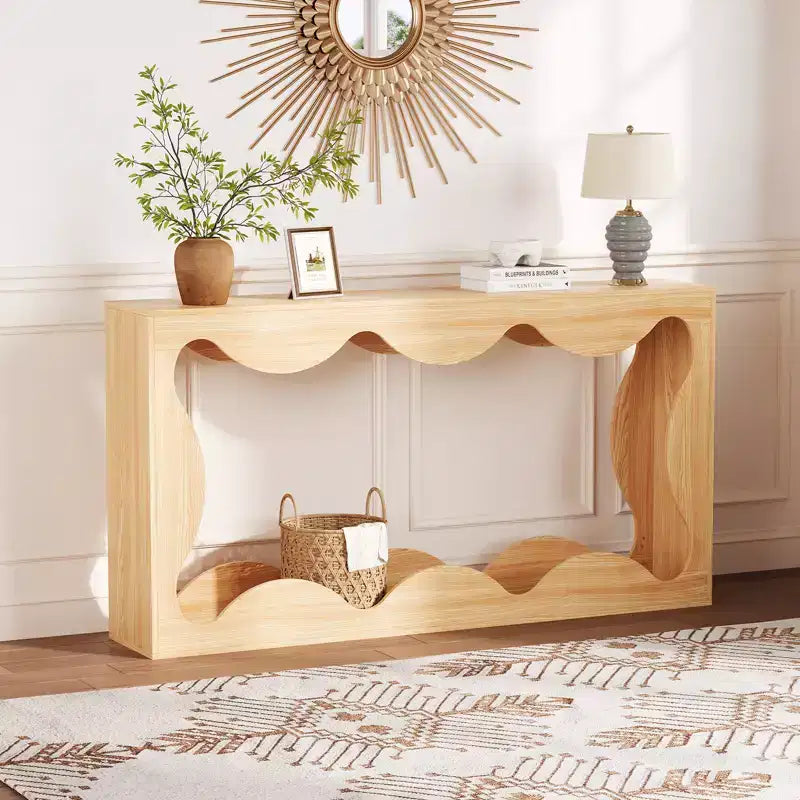 Console rustique à bords arrondis, 160 cm, avec étagères de rangement, peu encombrante, idéale pour l'entrée, le salon ou le couloir