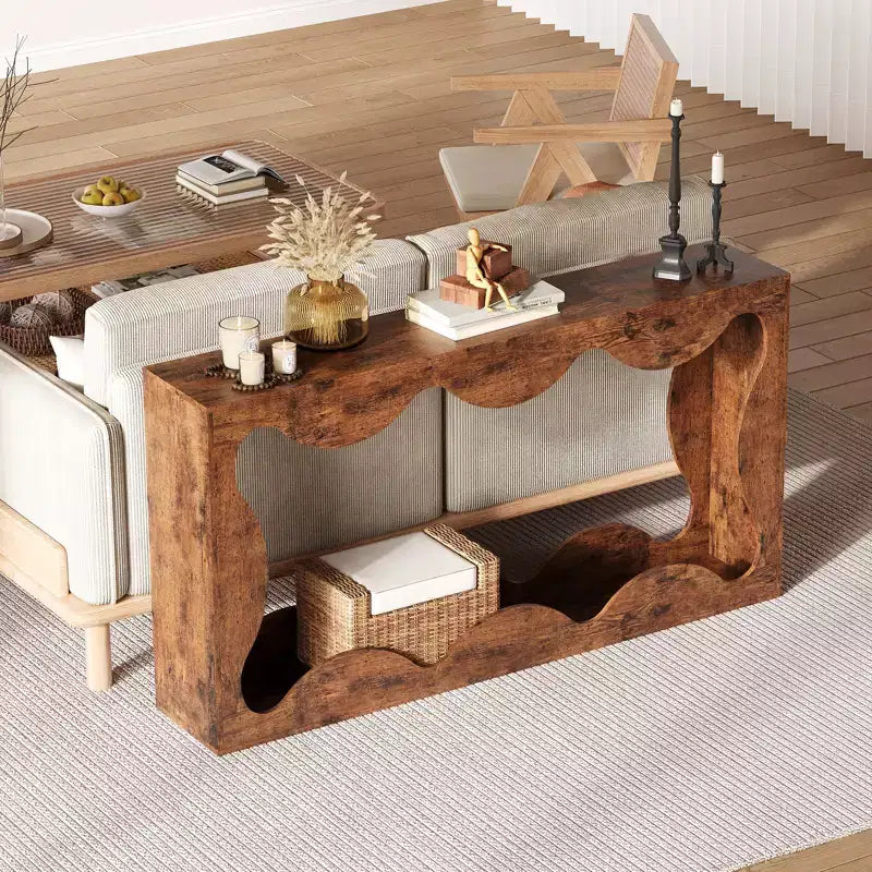 Console rustique à bords arrondis, 160 cm, avec étagères de rangement, peu encombrante, idéale pour l'entrée, le salon ou le couloir