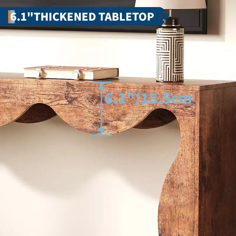Console rustique à bords arrondis, 160 cm, avec étagères de rangement, peu encombrante, idéale pour l'entrée, le salon ou le couloir