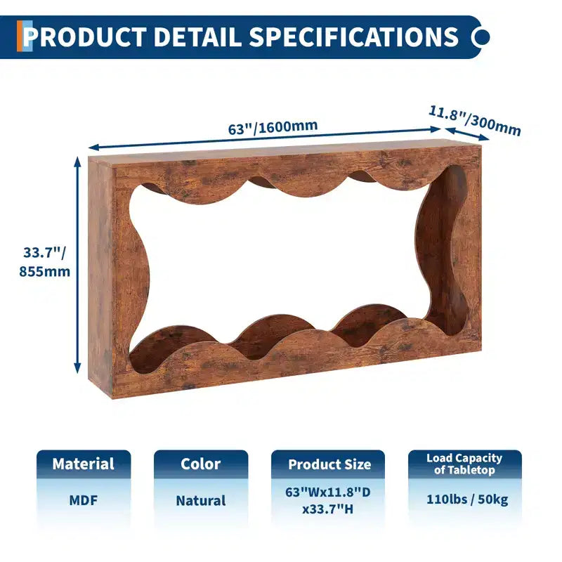 Console rustique à bords arrondis, 160 cm, avec étagères de rangement, peu encombrante, idéale pour l'entrée, le salon ou le couloir