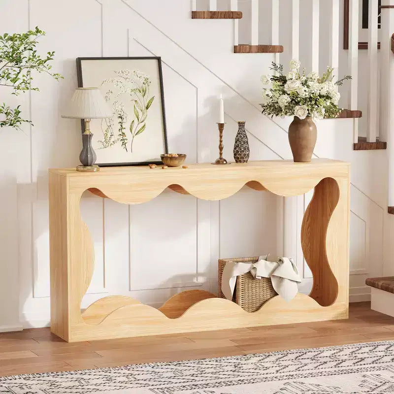 Console rustique à bords arrondis, 160 cm, avec étagères de rangement, peu encombrante, idéale pour l'entrée, le salon ou le couloir