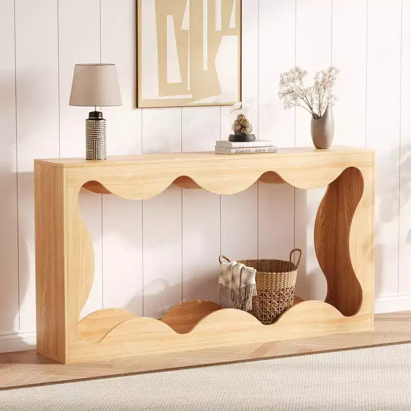 Console rustique à bords arrondis, 160 cm, avec étagères de rangement, peu encombrante, idéale pour l'entrée, le salon ou le couloir