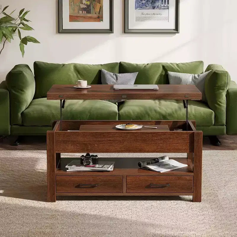Table basse réglable en hauteur - design modulaire avec tiroirs de rangement et étagères dissimulées pour un gain de place, parfaite pour le salon, noire.