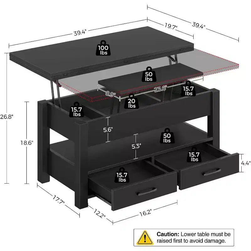 Table basse réglable en hauteur - design modulaire avec tiroirs de rangement et étagères dissimulées pour un gain de place, parfaite pour le salon, noire.