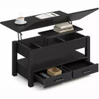 Table basse réglable en hauteur - design modulaire avec tiroirs de rangement et étagères dissimulées pour un gain de place, parfaite pour le salon, noire.