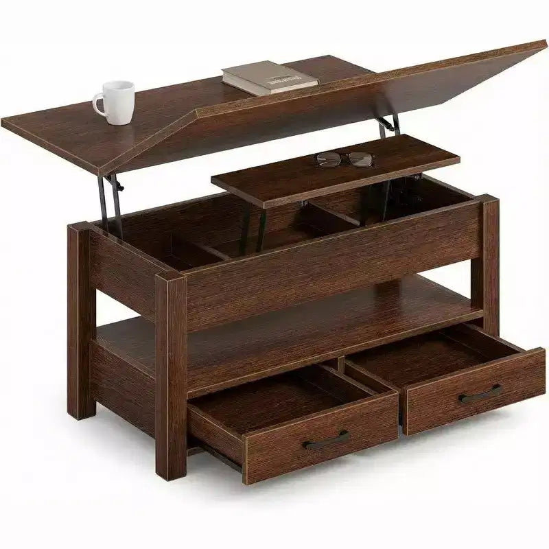 Table basse réglable en hauteur - design modulaire avec tiroirs de rangement et étagères dissimulées pour un gain de place, parfaite pour le salon, noire.