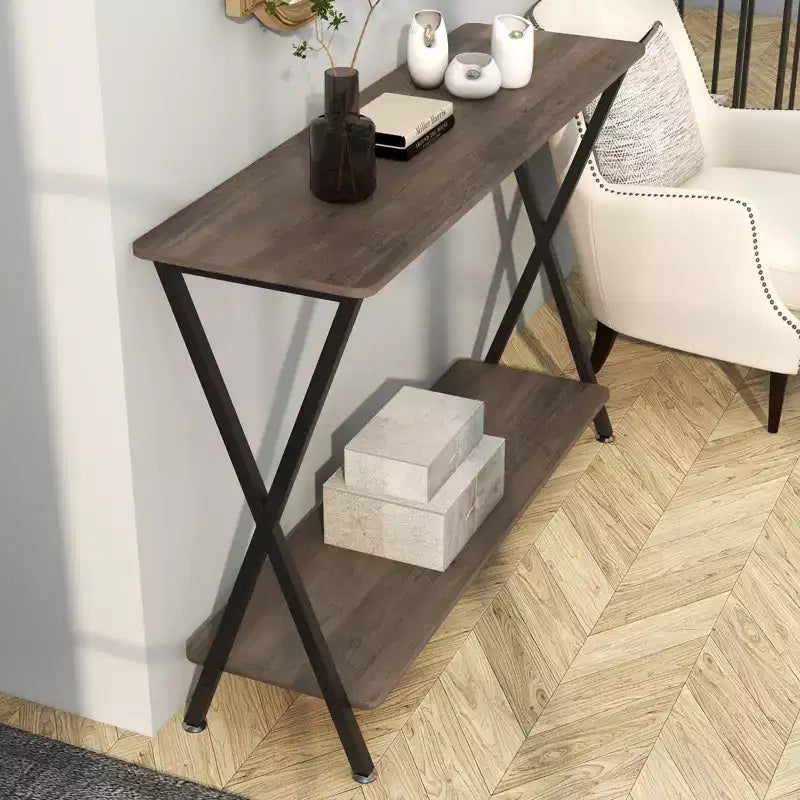 Table console industrielle moderne, table d'appoint étroite à 2 niveaux avec étagère de rangement, cadre métallique robuste, peu encombrante pour salon, entrée, grise