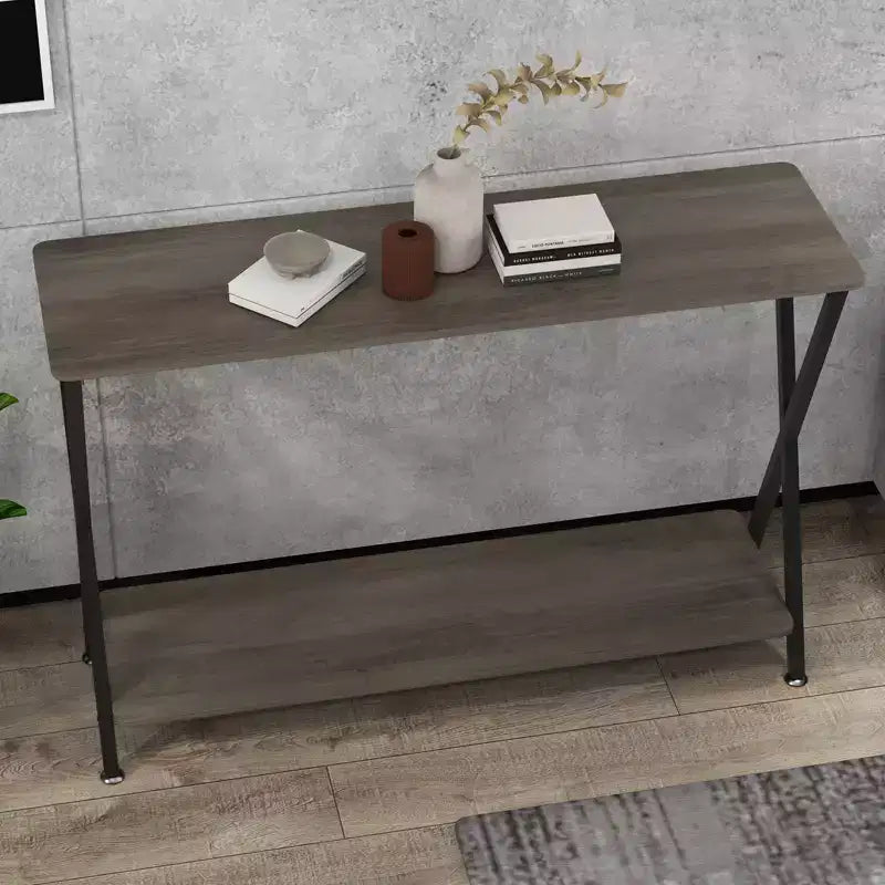 Table console industrielle moderne, table d'appoint étroite à 2 niveaux avec étagère de rangement, cadre métallique robuste, peu encombrante pour salon, entrée, grise