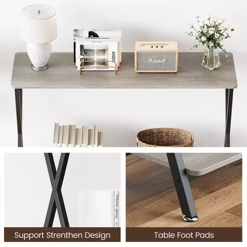 Table console industrielle moderne, table d'appoint étroite à 2 niveaux avec étagère de rangement, cadre métallique robuste, peu encombrante pour salon, entrée, grise