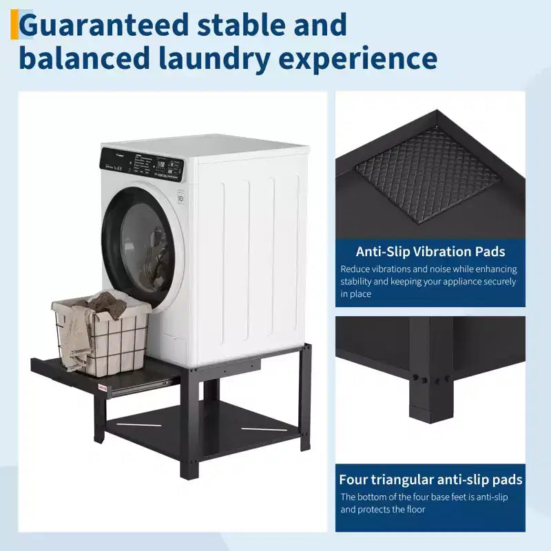 Support de Socle de Laveuse-Sécheuse Universel - Base Métallique Robuste Anti-Vibration avec Étagère Coulissante, Capacité de 360 kg, Support de Rangement Autonome