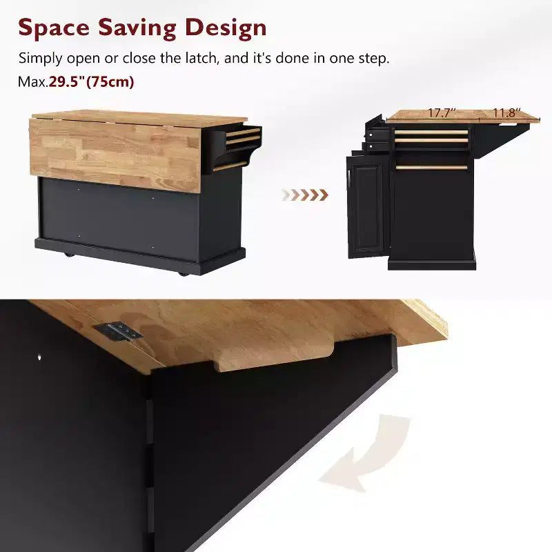 Desserte de cuisine roulante Homy Casa avec plateau en bois et armoires de rangement, Noir