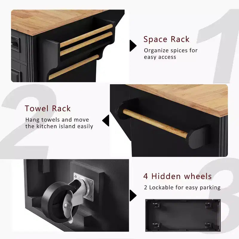 Desserte de cuisine roulante Homy Casa avec plateau en bois et armoires de rangement, Noir
