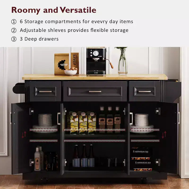 Desserte de cuisine roulante Homy Casa avec plateau en bois et armoires de rangement, Noir