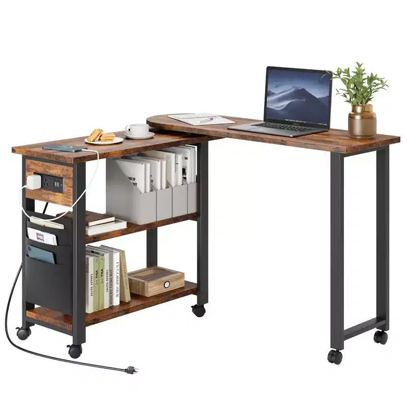 Garvee Table d'appoint rotative à 360° avec station de charge, table d'appoint pivotante avec sac de rangement et 6 roulettes verrouillables, table mobile pour chambre et salon