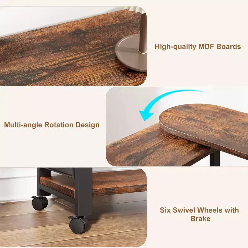 Garvee Table d'appoint rotative à 360° avec station de charge, table d'appoint pivotante avec sac de rangement et 6 roulettes verrouillables, table mobile pour chambre et salon