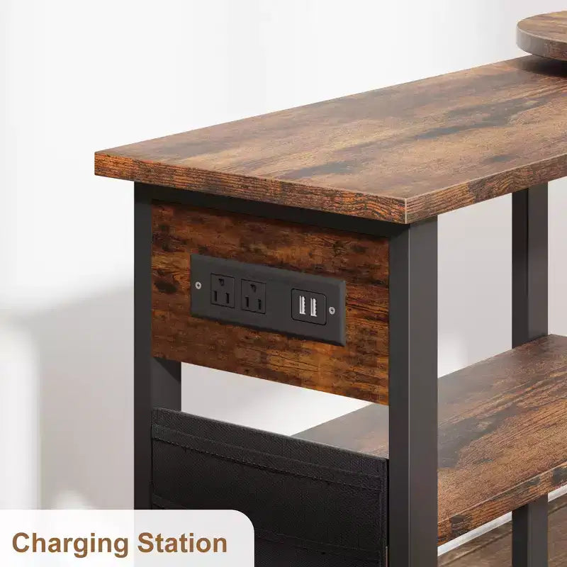 Garvee Table d'appoint rotative à 360° avec station de charge, table d'appoint pivotante avec sac de rangement et 6 roulettes verrouillables, table mobile pour chambre et salon