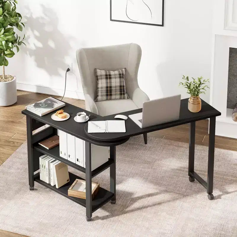 Garvee Table d'appoint rotative à 360° avec station de charge, table d'appoint pivotante avec sac de rangement et 6 roulettes verrouillables, table mobile pour chambre et salon