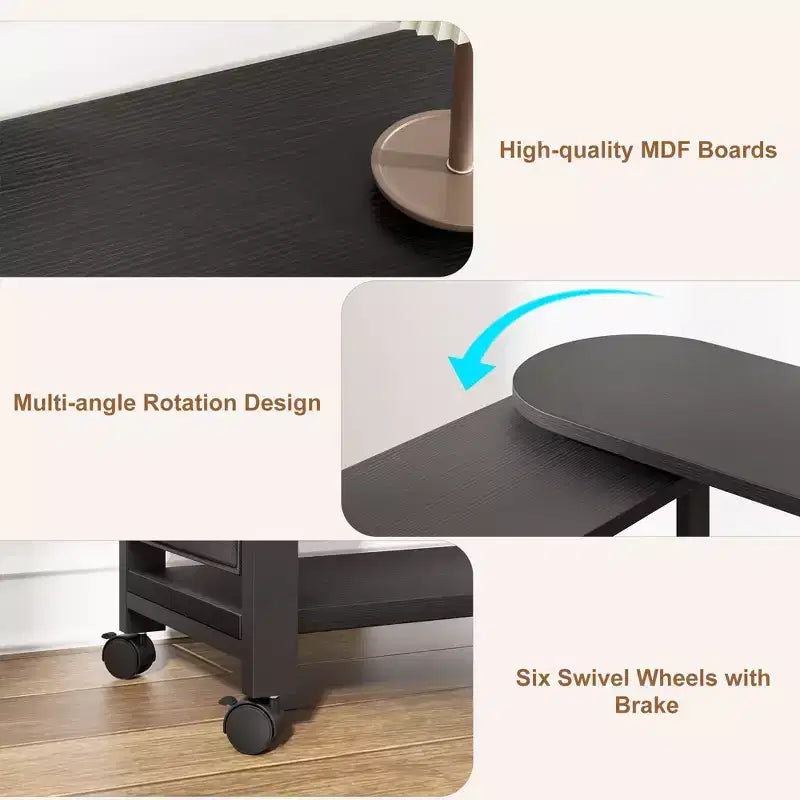 Garvee Table d'appoint rotative à 360° avec station de charge, table d'appoint pivotante avec sac de rangement et 6 roulettes verrouillables, table mobile pour chambre et salon