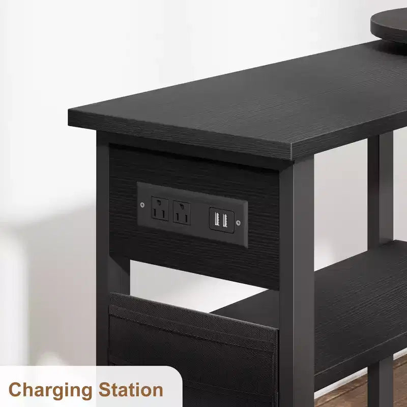 Garvee Table d'appoint rotative à 360° avec station de charge, table d'appoint pivotante avec sac de rangement et 6 roulettes verrouillables, table mobile pour chambre et salon