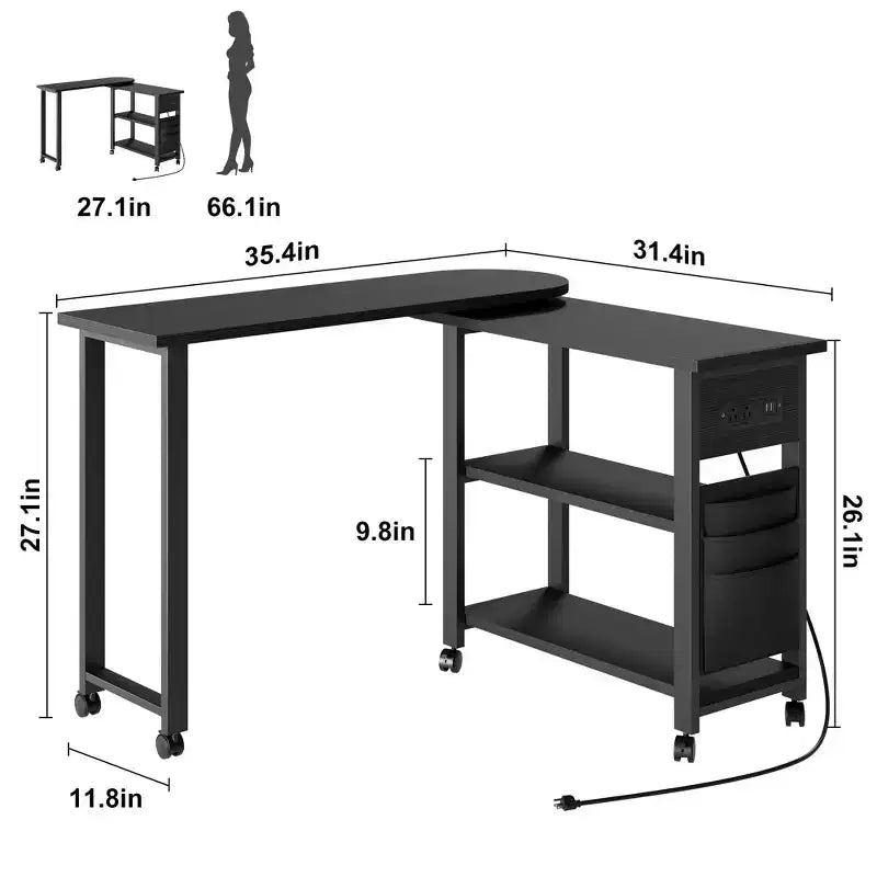 Garvee Table d'appoint rotative à 360° avec station de charge, table d'appoint pivotante avec sac de rangement et 6 roulettes verrouillables, table mobile pour chambre et salon