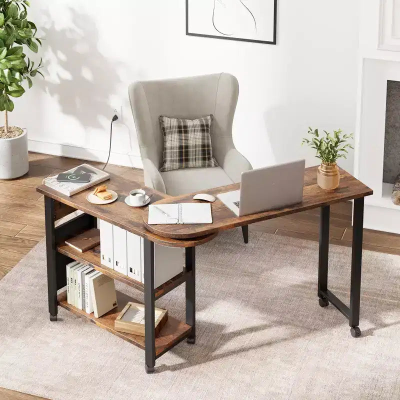 Garvee Table d'appoint rotative à 360° avec station de charge, table d'appoint pivotante avec sac de rangement et 6 roulettes verrouillables, table mobile pour chambre et salon
